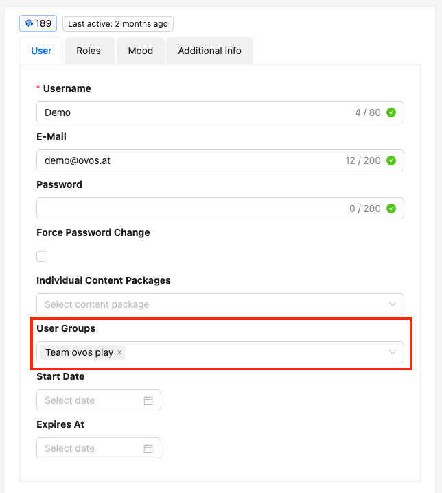 The user groups field in the user editor is below the content package field.