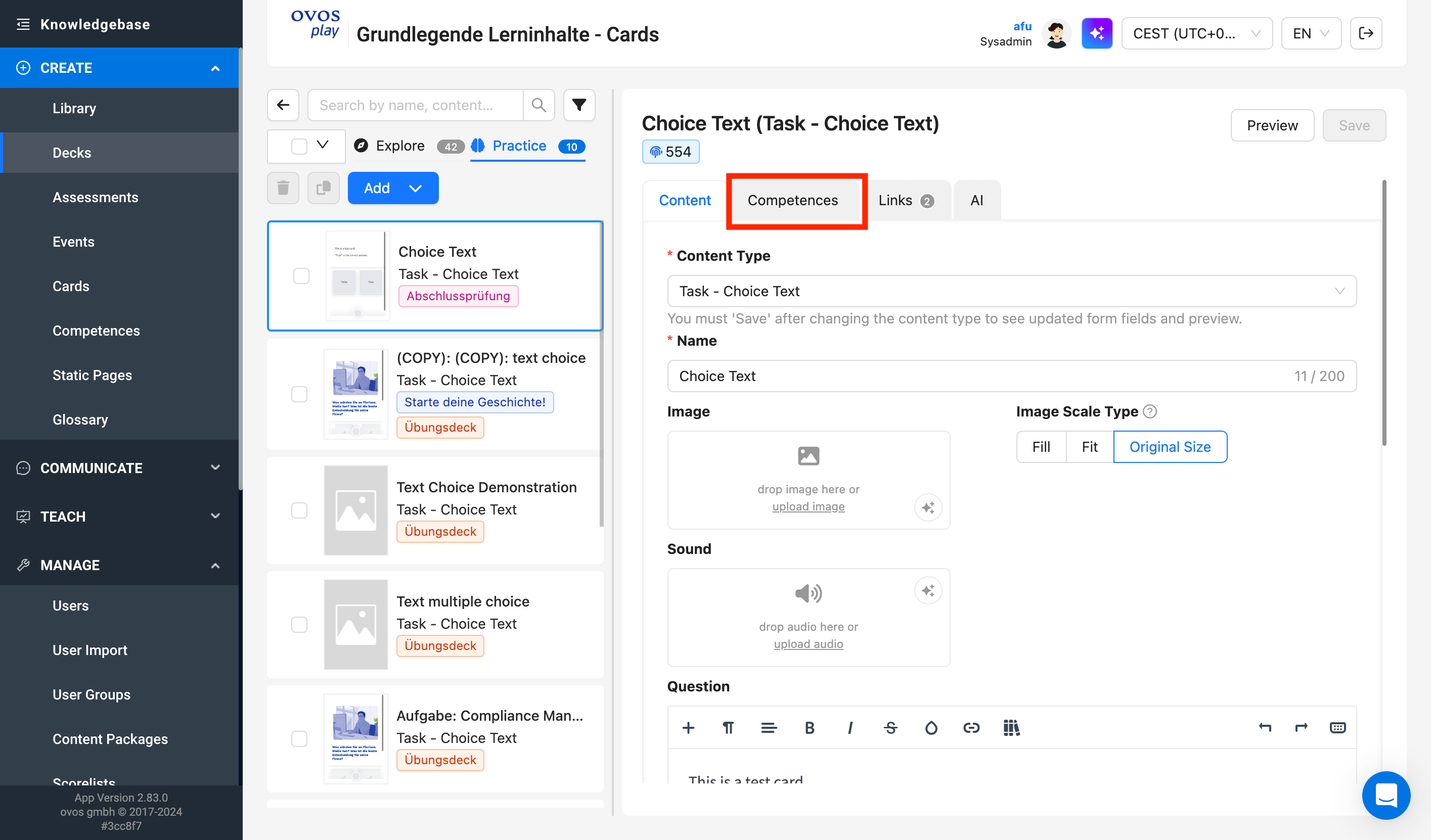 View of the card editor with the competences tab on the top right.