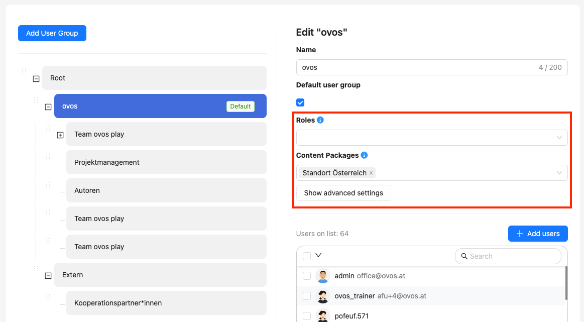 In the editor form on the right, roles and content packages can be set for the group.