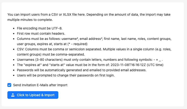 Users can be imported by uploading a CSV file.