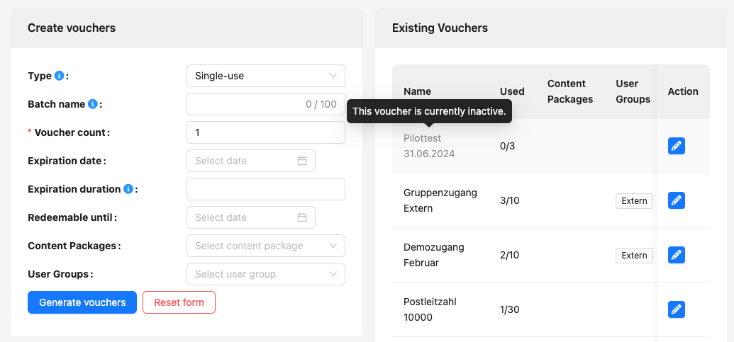 Deactivated voucher codes are greyed out in the list.