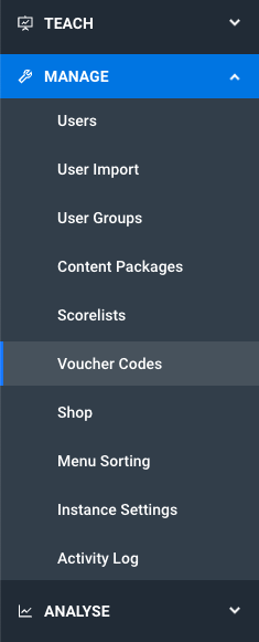 You can find the Voucher Codes menu point below Manage.