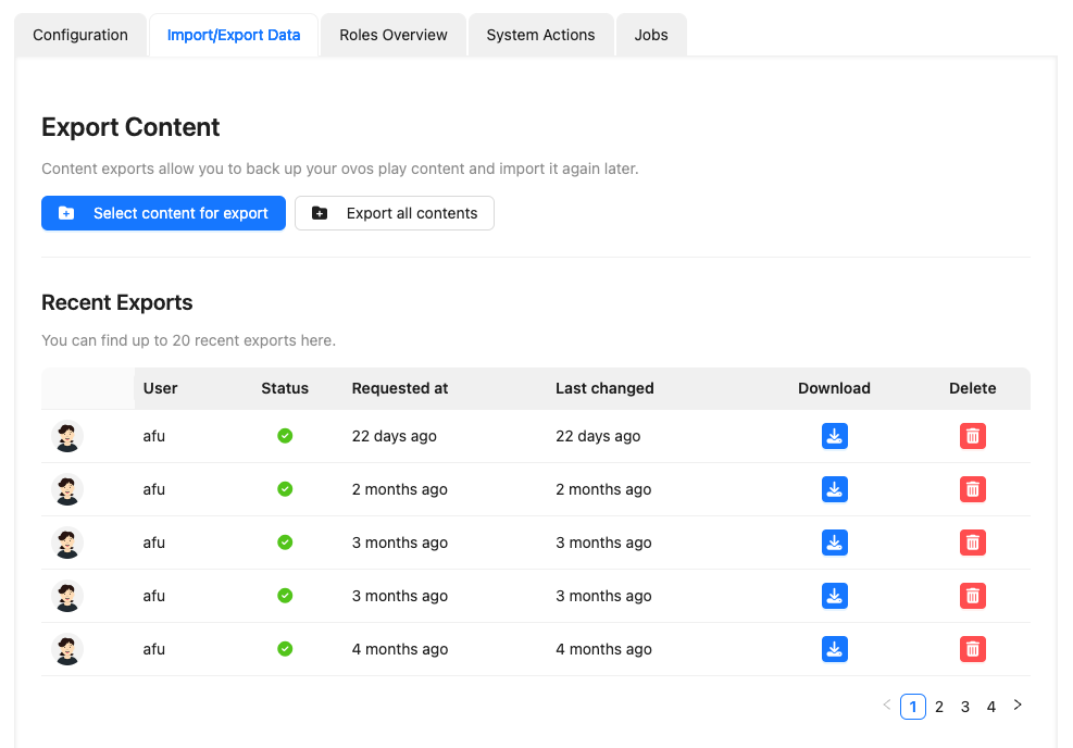 View of the export options with a list of all exports carried out.