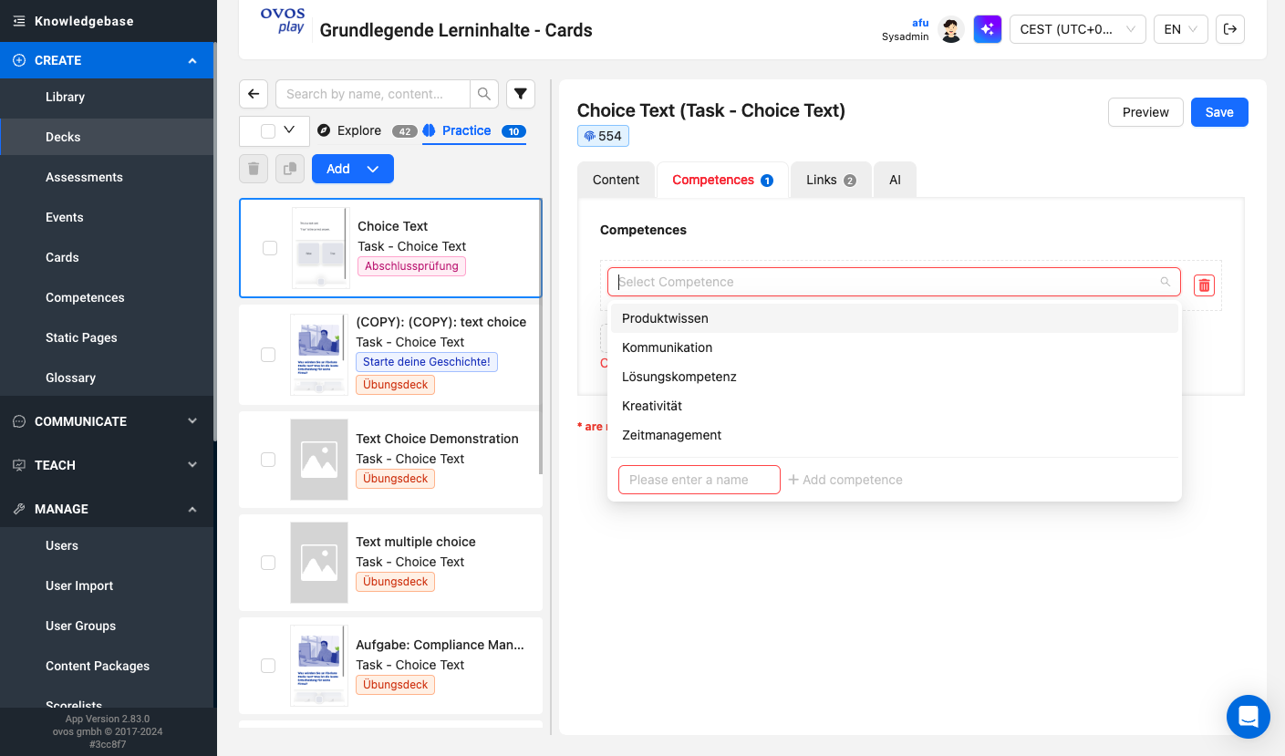 View of the open competence list for linking to the map.