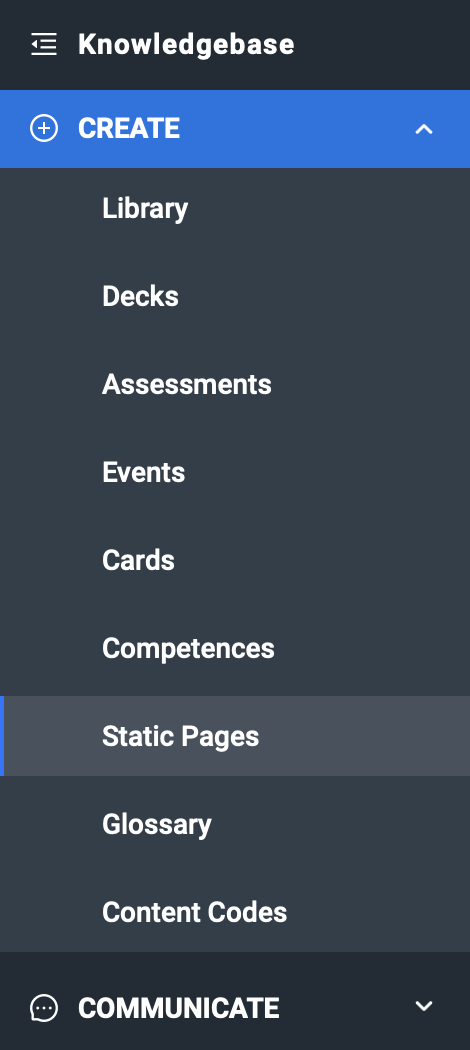 Find the Static Pages menu points in the create section.