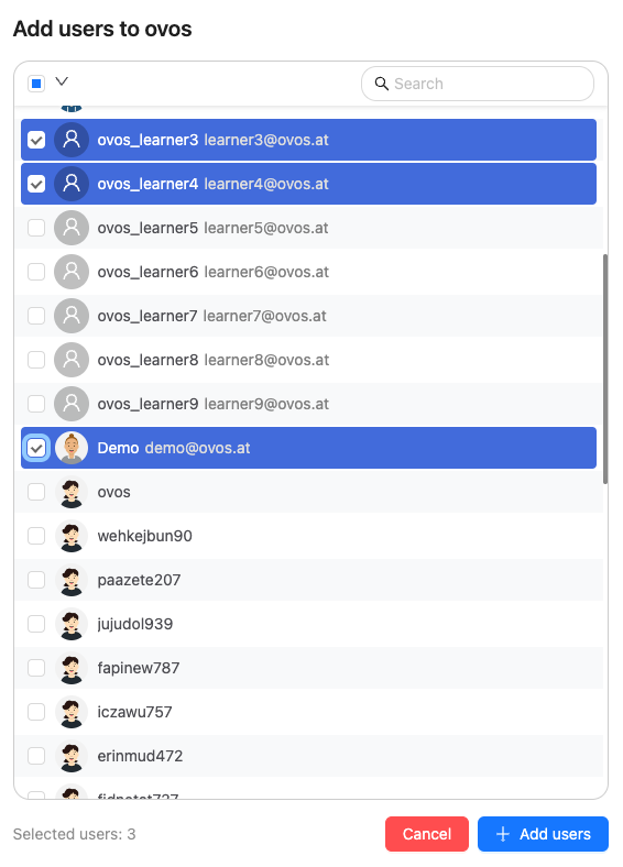 When you want to add users, you can mark them with checkboxes.