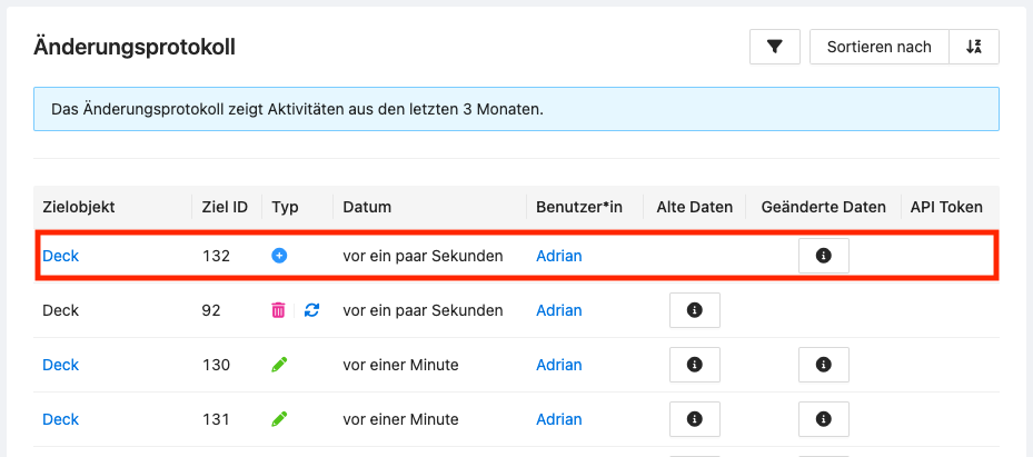 Wiederhergestellte Decks werden als neuer Eintrag im Änderungsprotokoll angezeigt.