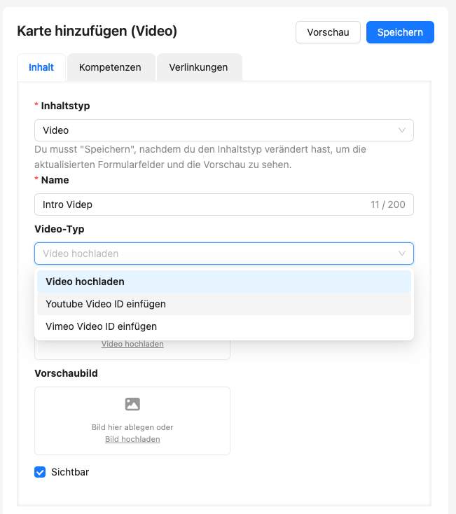 Erstellen Sie eine Video-Karte können Sie auswählen, ob Sie ein Video hochladen oder von externen Video-Plattformen einbinden.