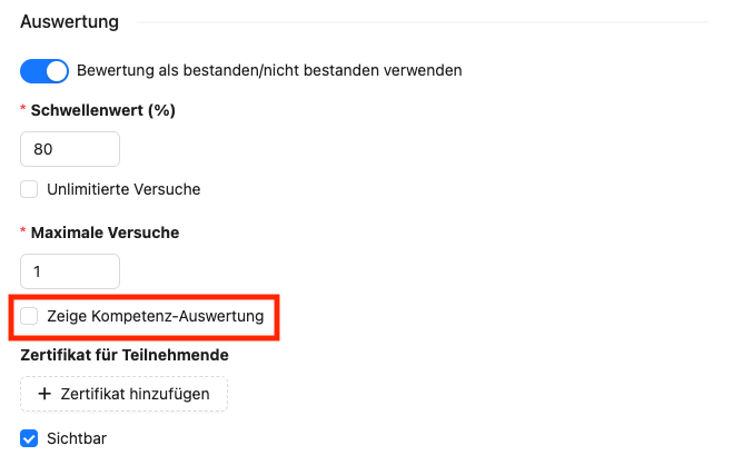 Ansicht der Konfiguration der Prüfungs-Auswertung mit Highlight auf der Checkbox 