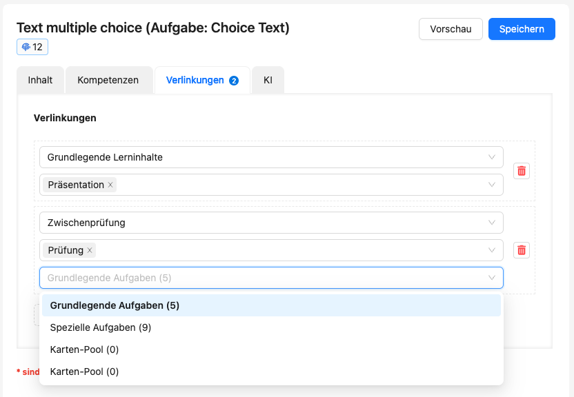 Bei Prüfungen wird ein Auswahl-Feld für den Karten-Pool angezeigt.