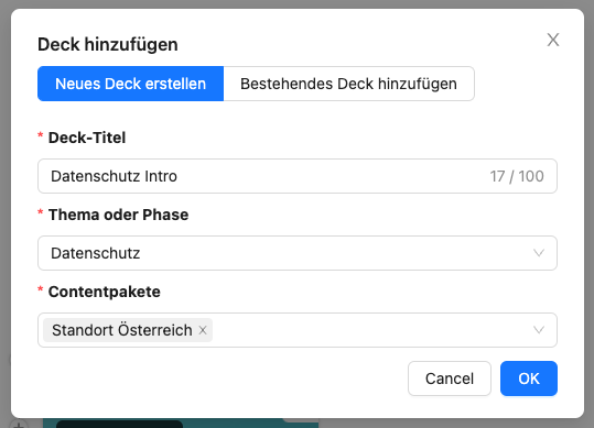 Erstellen Sie ein neues Deck, sehen Sie Input Felder für Titel und Thema.