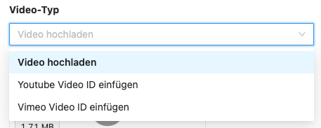 Als Video-Typ stehen Ihnen ein hochgeladenes Video und die Einbettung von Youtube oder Vimeo zur Verfügung.