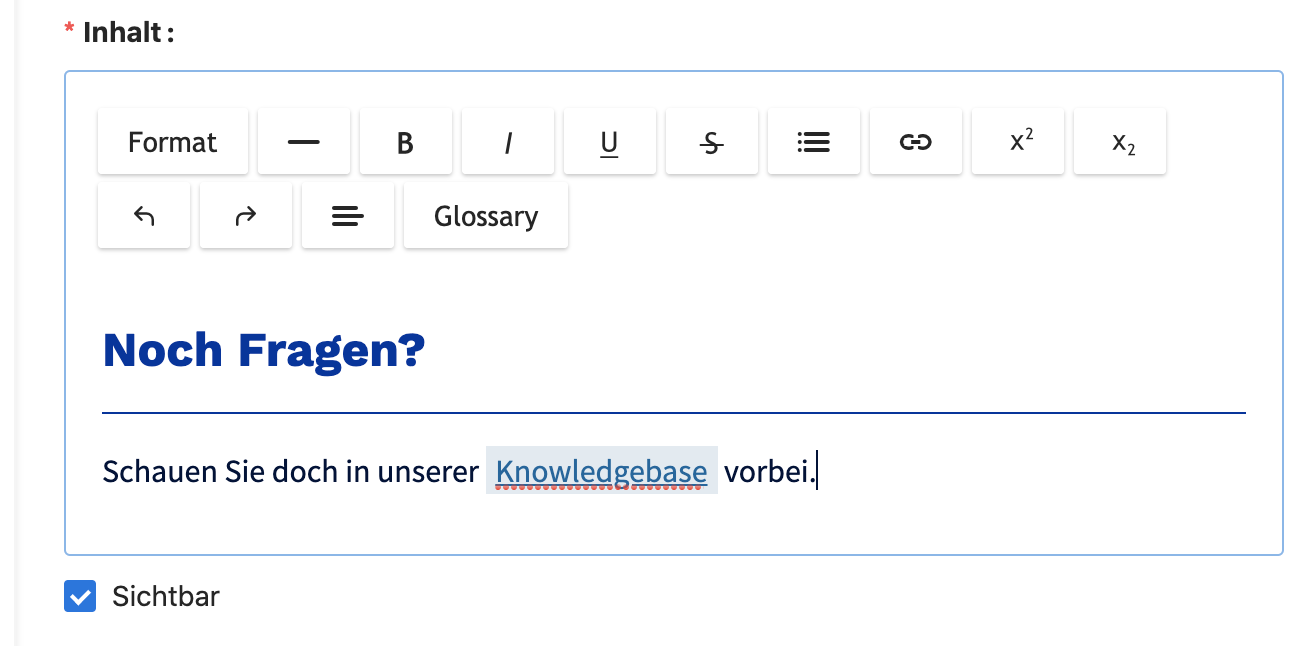 Verlinkte Glossar-Einträge werden im Editor hervorgehoben.