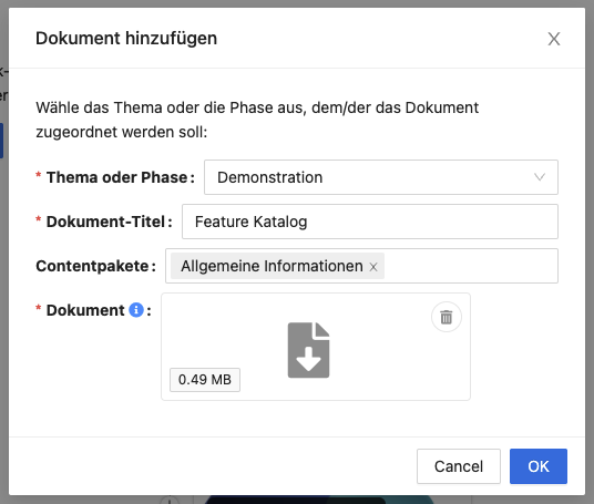 Um ein Dokument hinzuzufügen vergeben Sie einen Titel und laden Sie ein PDF-Dokument hoch.