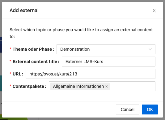 Ein externer Inhalt muss einem Thema oder einer Phase zugeordnet sein und einen Titel besitzen.