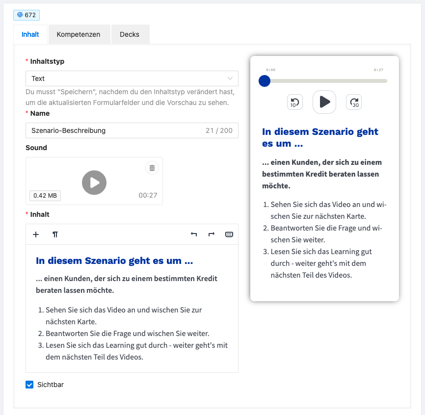 Eine Textkarte beinhaltet formatierten Text und eine optionale Audio-Datei.