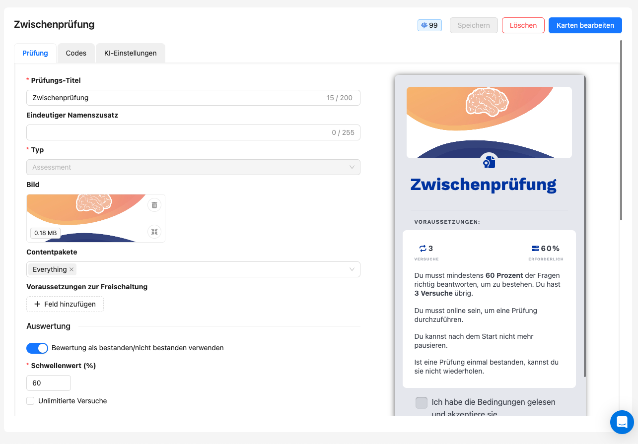 Ansicht des Prüfungseditors mit den Eingabefeldern und Konfigurationsmöglichkeiten.