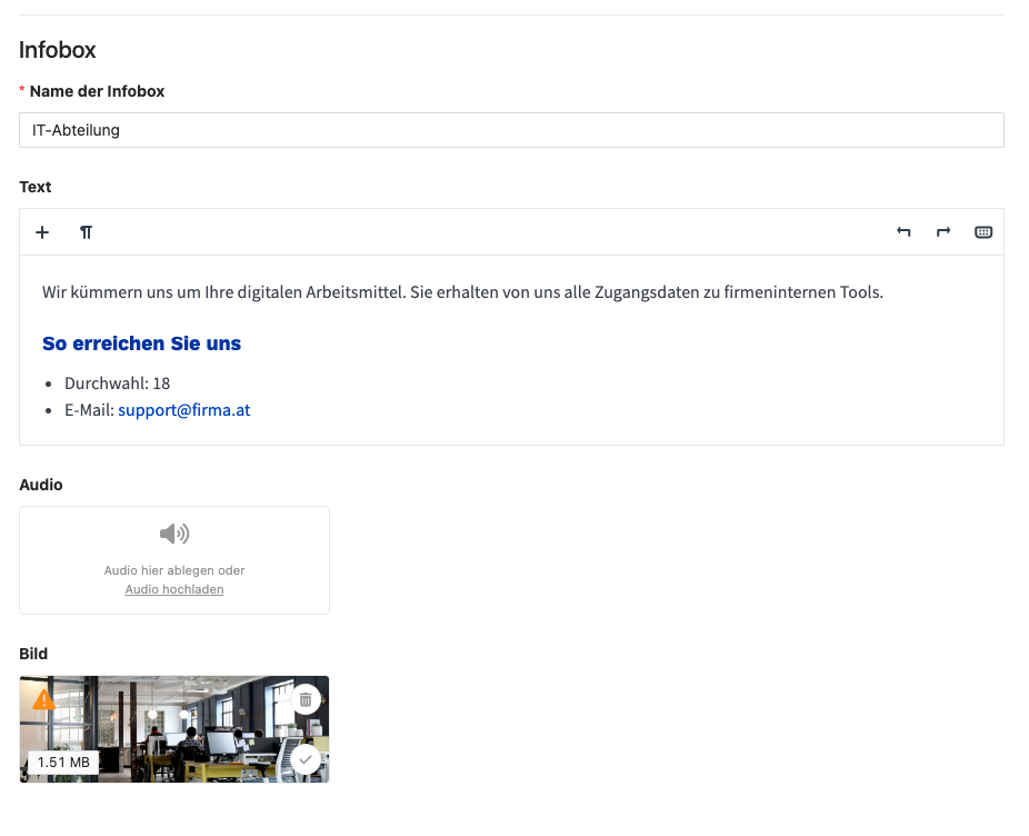 Sie können Text, Bild und Audio zu einer Infobox hinzufügen.