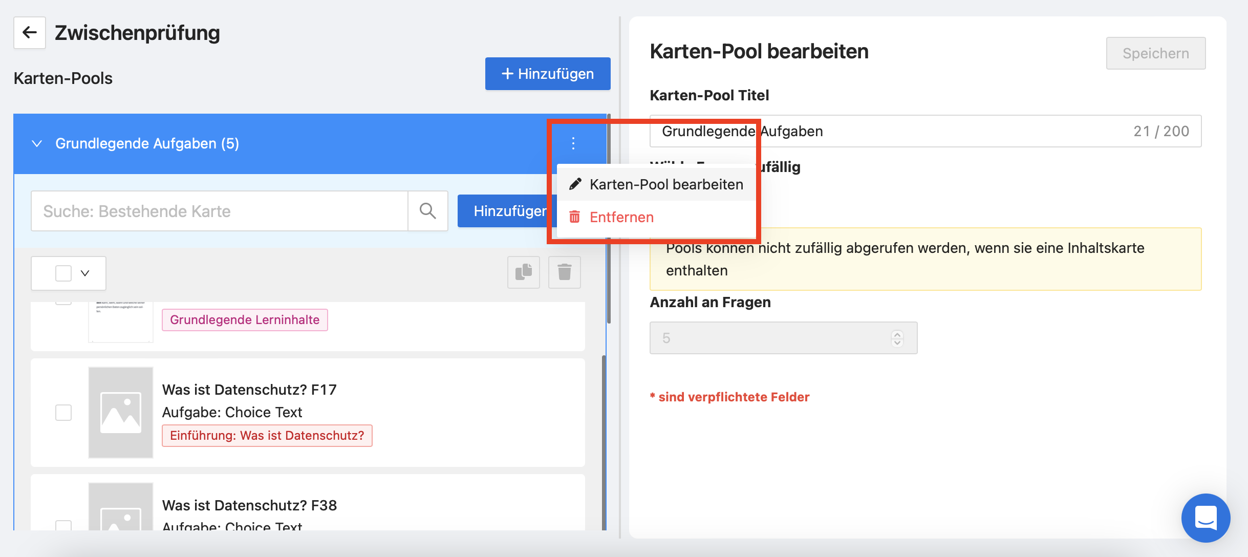 Über das Kontext-Menü eines Karten-Pools können Sie den Karten-Pool bearbeiten.