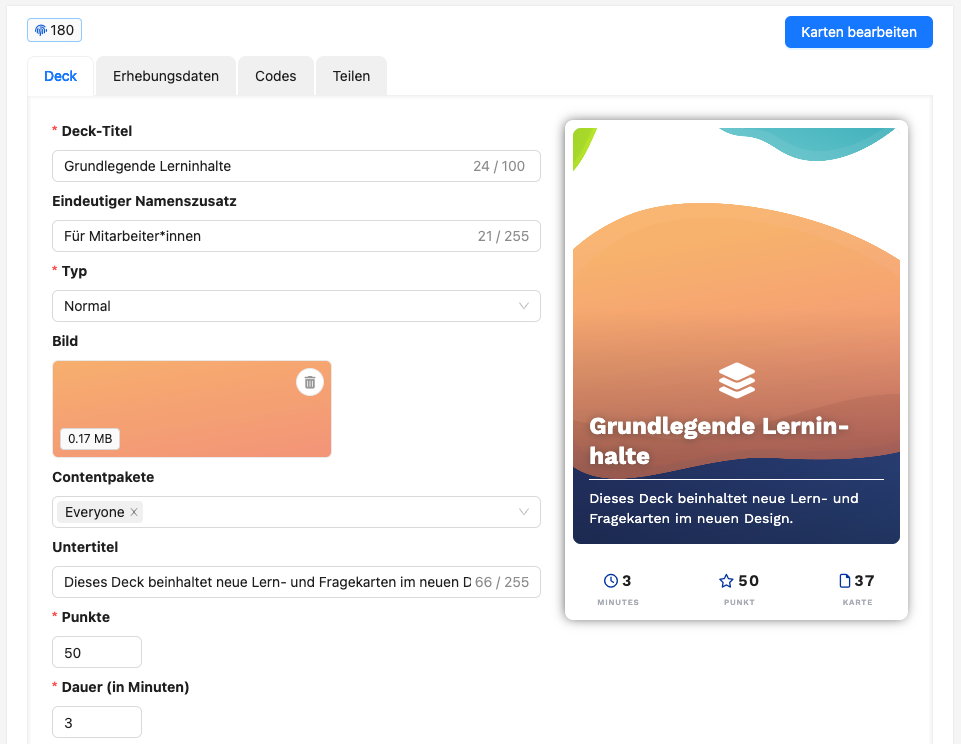 Im Deck-Editor finden Sie alle Detail-Felder, die Sie bearbeiten können.