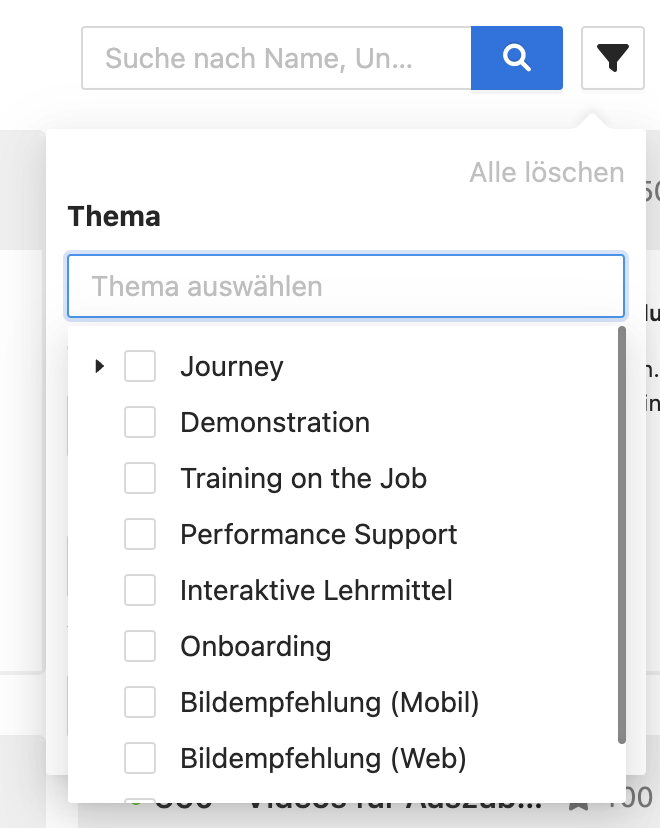 Das Themen-Auswahlfeld öffnet eine Liste mit allen Themen und Lernpfaden.