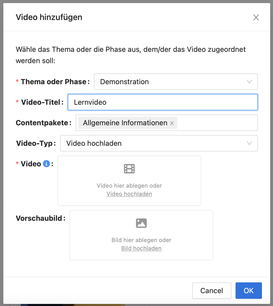 Ein Video muss einem Thema oder einer Phase zugeordnet werden, einen Titel besitzen und eine Contentpaket-Zuweisung.