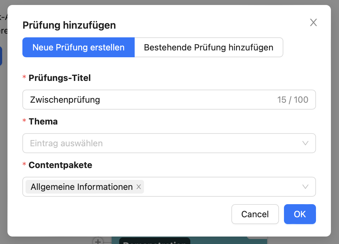 Erstellen Sie eine neue Prüfung müssen Sie die Input-Felder für Titel und Thema ausfüllen.