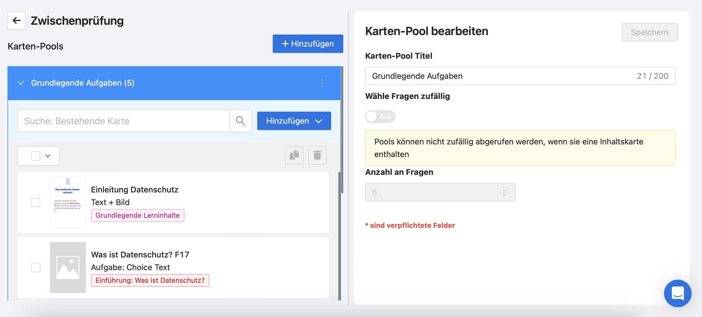 Im Karten-Editor siehst du links alle Karten-Pools und rechts den dazugehörigen Editor.