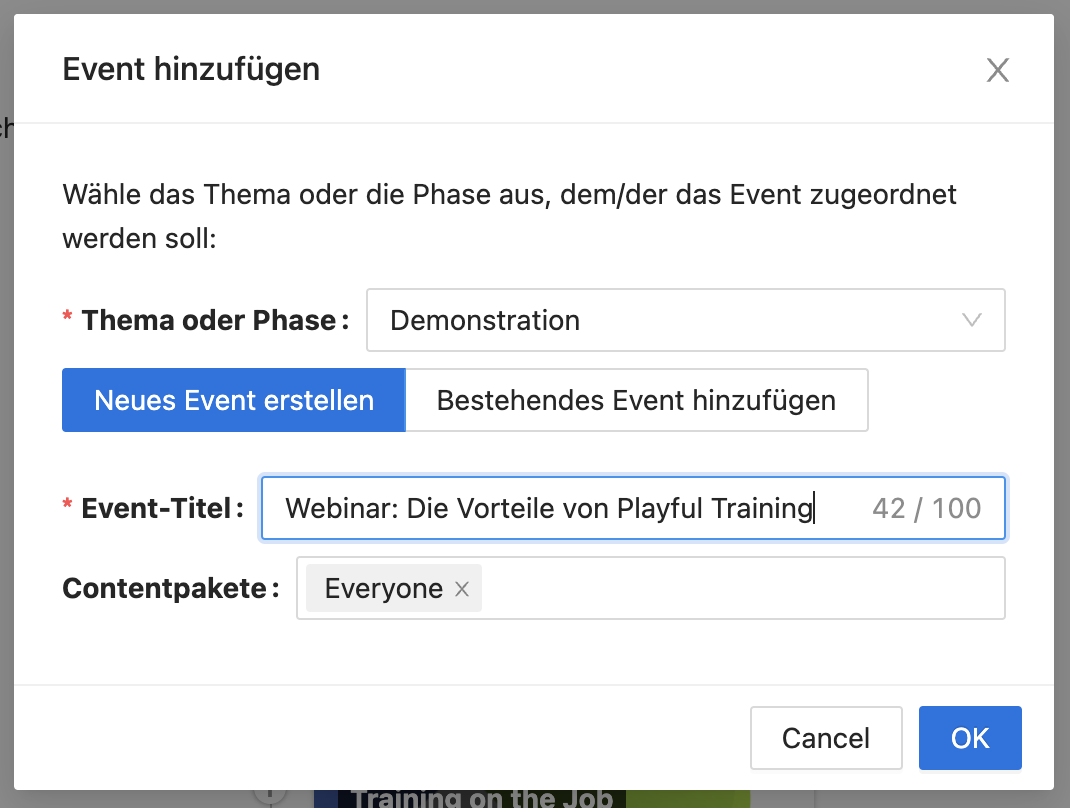 Events müssen einen Titel haben und einem Contentpaket zugeordnet werden.