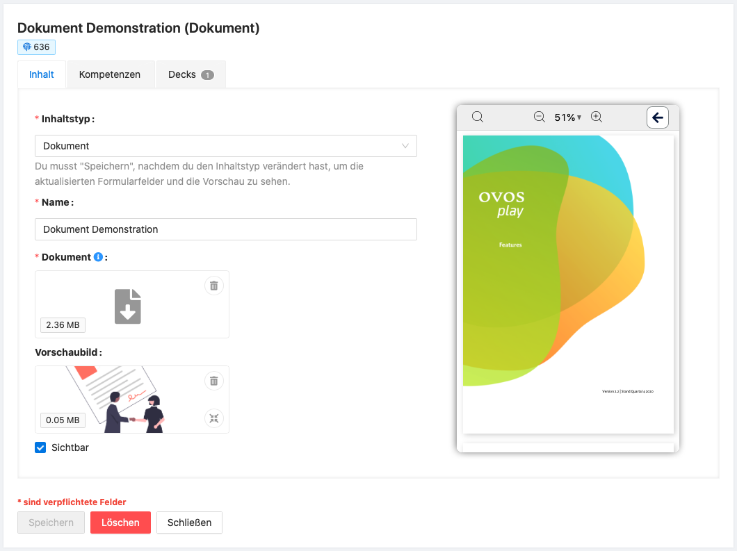 Im Admin Dashboard können Sie über die Vorschau das hochgeladene Dokument überprüfen.