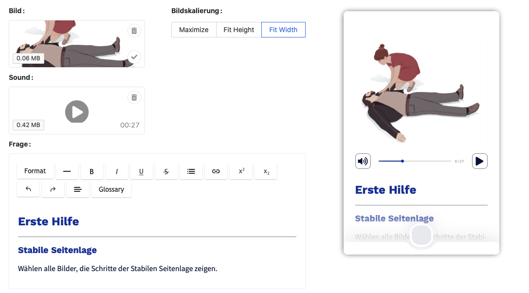 Für den Frageteil können Sie einen formatierten Text, ein Bild oder ein Audio verwenden.