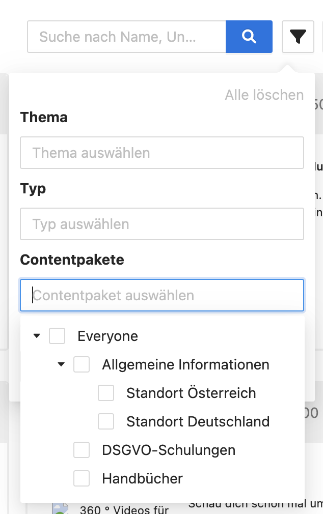 Im Auswahl-Feld Contentpaket öffnet sich die Liste aller Contentpakete.