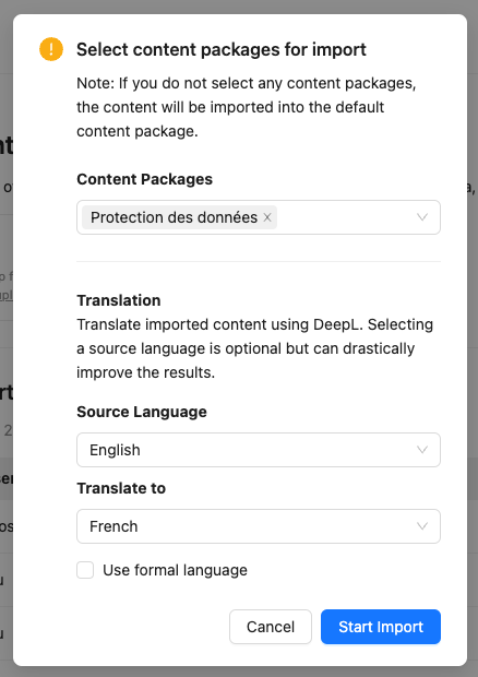 A form will be shown where you can choose the content package, source and target language.