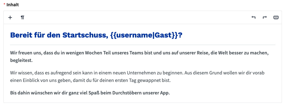 Die Variable #{{username|Gast}} wird im Inhalt eingefügt.