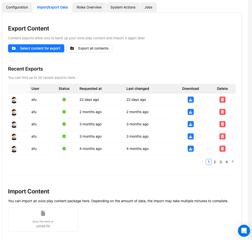 Display of all exports/imports in a list.