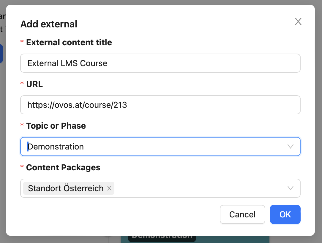 External content must be assigned to a topic or phase and have a title.