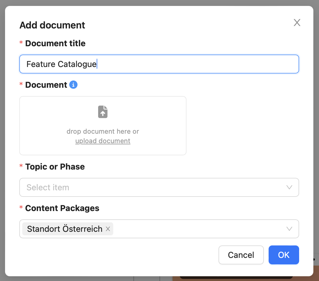 To add a document, assign a title and upload a PDF document.