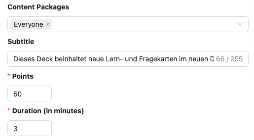Additional deck data such as content package, points or duration can be found in the deck editor.