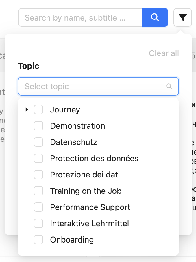 The topic selection field opens a list of all topics and journeys.