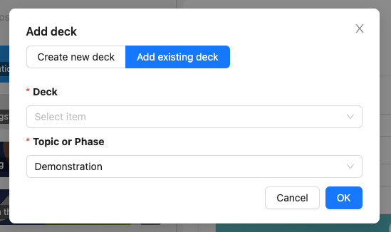 When you add a deck an existing deck new a window shows options for configuration.