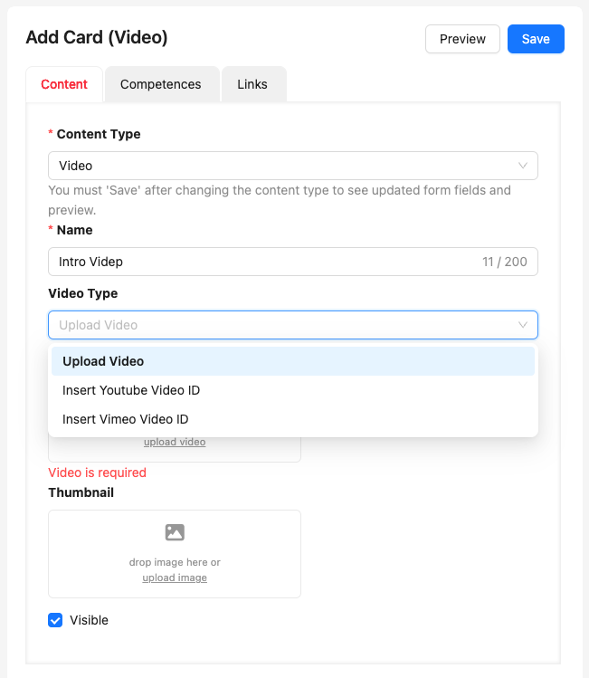 When you create a video card you can choose if you want to upload a video or embed from an external service.