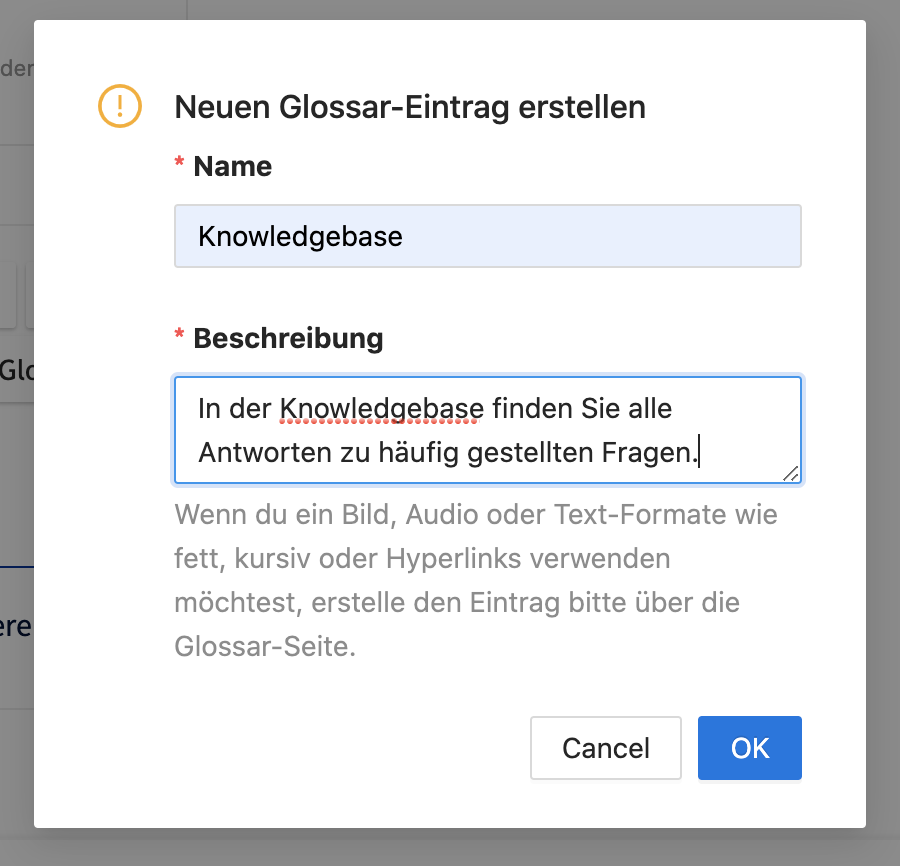 Schnelle Erstellung von Glossar-Einträgen im Karteneditor.