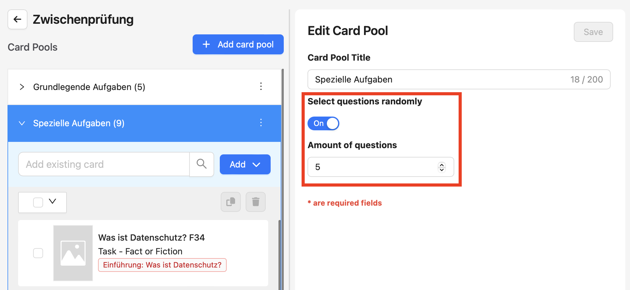 If you want a pool to select questions at random, specify the number of questions.