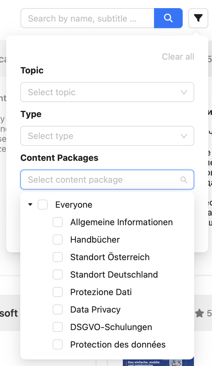 The list of all content packages opens in the Content package selection field.