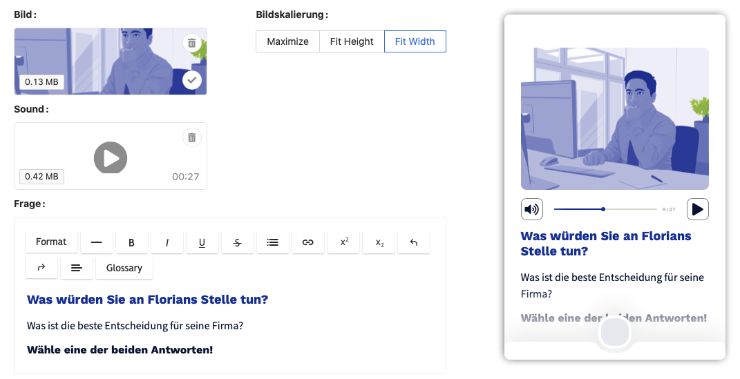 Für den Frageteil können Sie ein Bild, ein Audio oder einen Text hinzufügen.