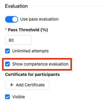 View of the assessment evaluation configuration with highlight on the 