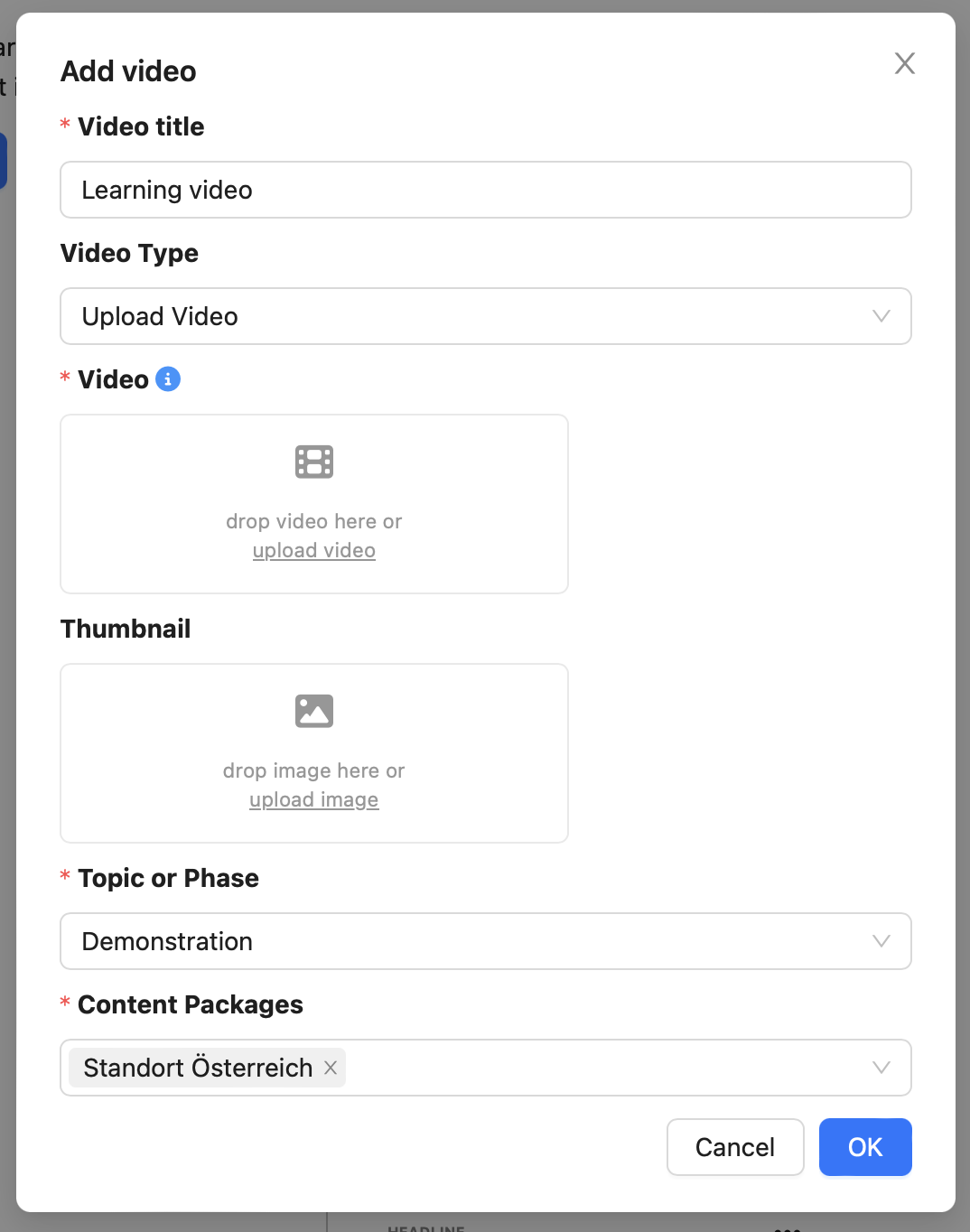 A video must be assigned to a topic or phase, have a title and a content package assignment.