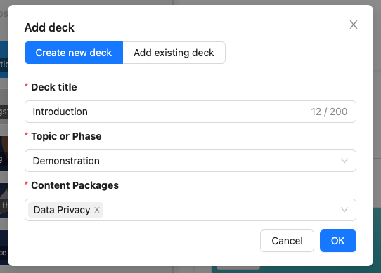 When you add a deck a new window shows options for configuration.