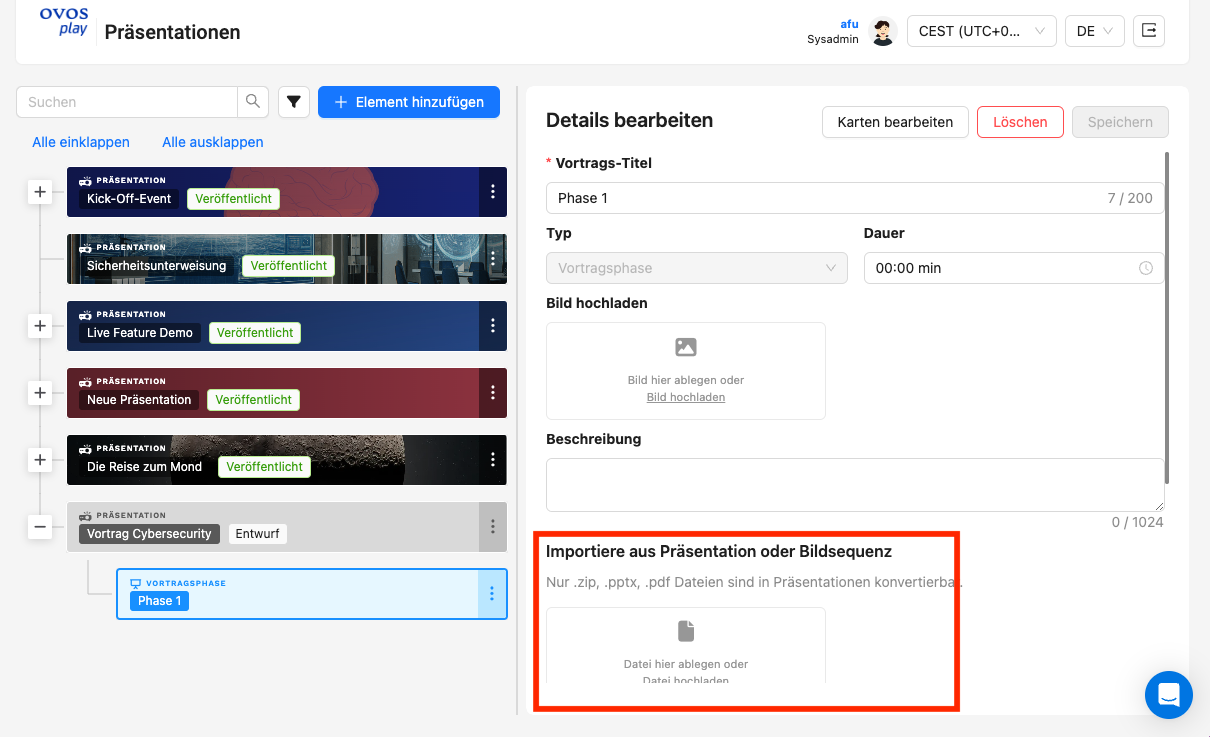 Im Editor auf der rechten Seite wird das Feld zum Upload einer Powerpoint Datei gehighlighted.