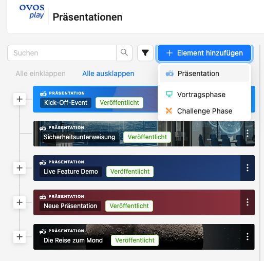 Ansicht der Präsentationsliste mit dem Button 